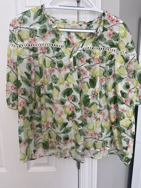 LOFT Pear Print Peasant Blouse with Green Leaves and Pink Flowers